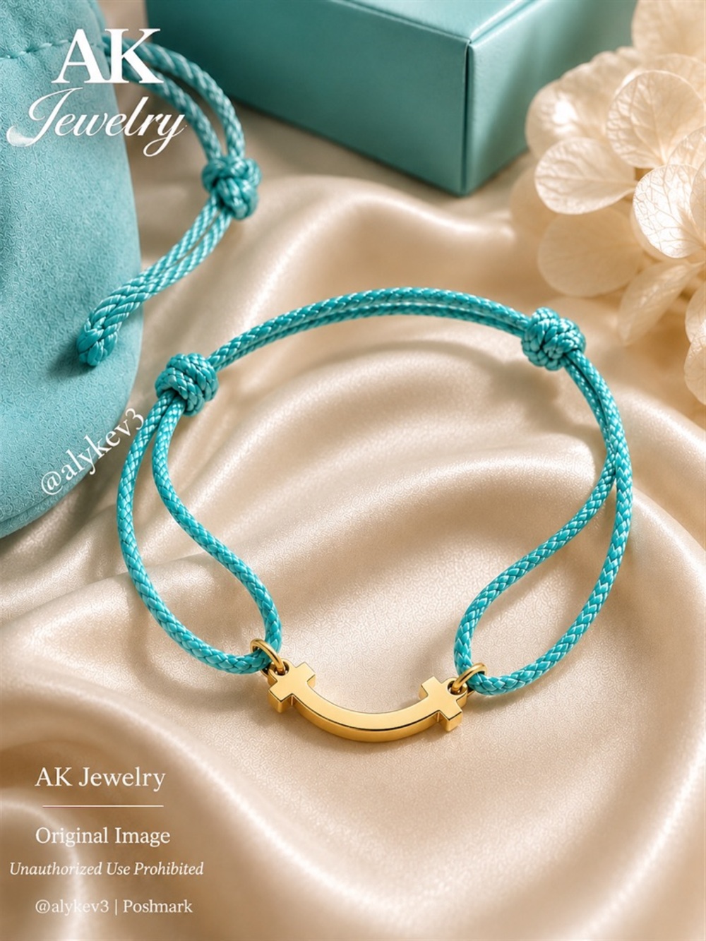 💎LUXURY Gold Blue Cord Charm Bracelet Color String Adjustable Slide Smile
